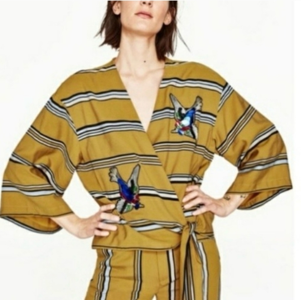 Zara Woman Striped Kimono Top with Bird Sequin Embroidery Mustard Large